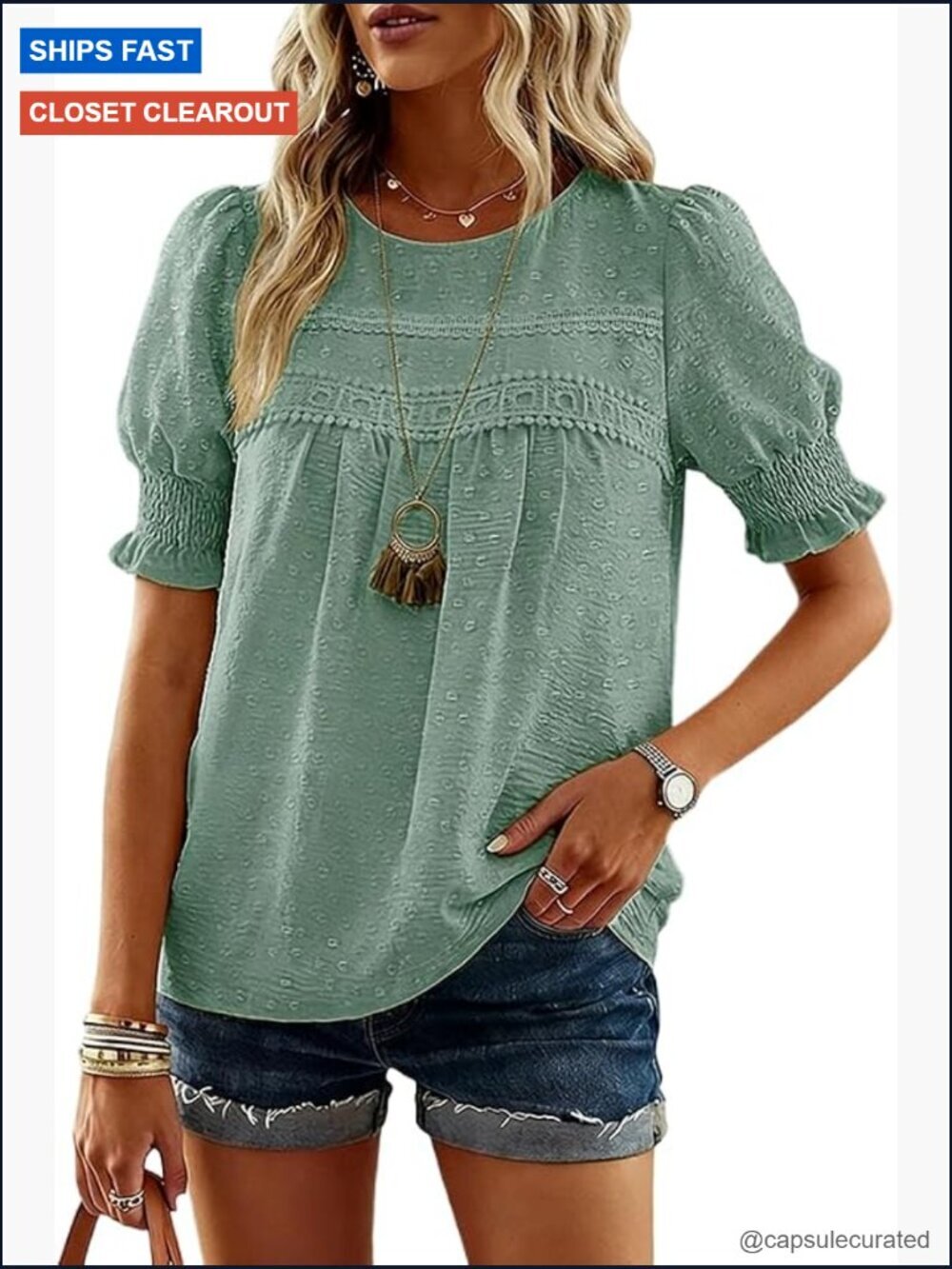 Crewneck Ruffle Sleeve Blouse Flowy Lace Hem Boho Summer Top